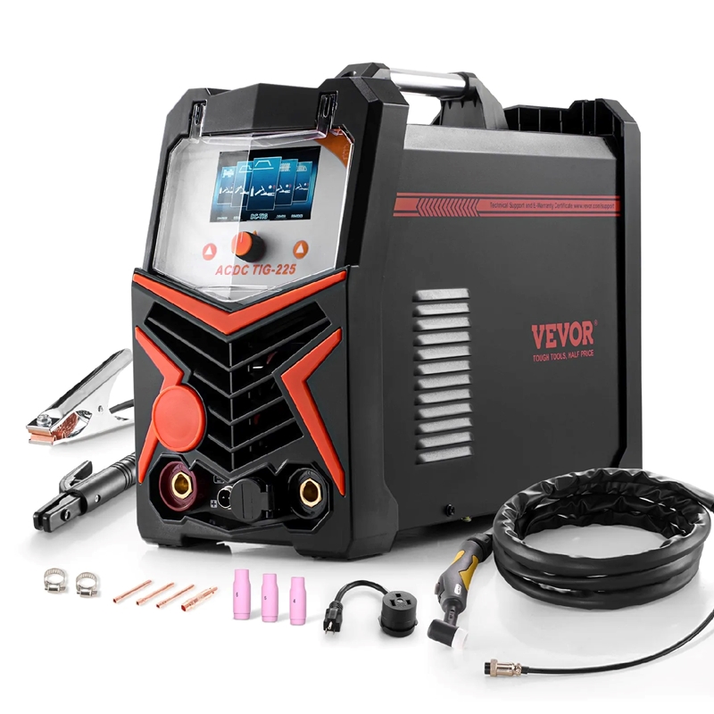 VEVOR 225A 6-in-1 AC/DC TIG Welder with Pulse, Spot, and MMA Modes — Dual-Voltage 110/220V IGBT Inverter, Large LED Display